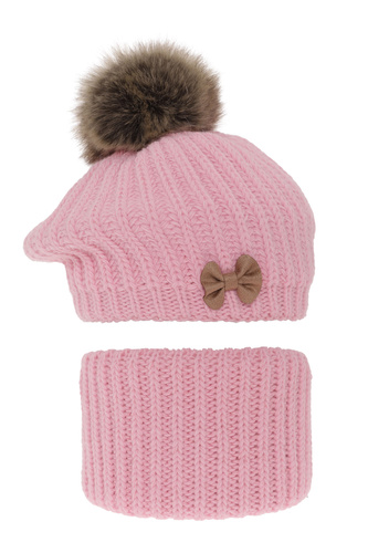 Meisjes winter set muts en buissjaal, roze, met garen pompon, Polinezja