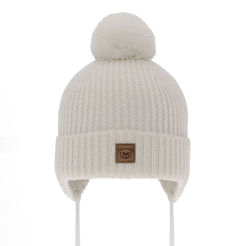 Jongens wintermuts, wit, met bindkoorden, 100% Merino Wol, gevoerd met wolvacht, Tofik