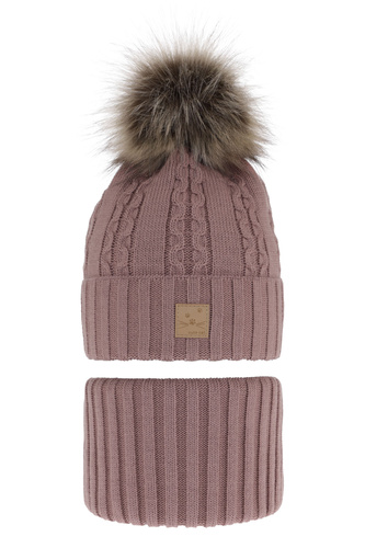 Meisjes winter set muts en buissjaal, paars, met garen pompon, Alexia