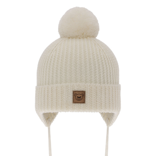 Jongens wintermuts, crème, Met merinowol, Gevoerd met wol, Met bindkoorden, Tofik