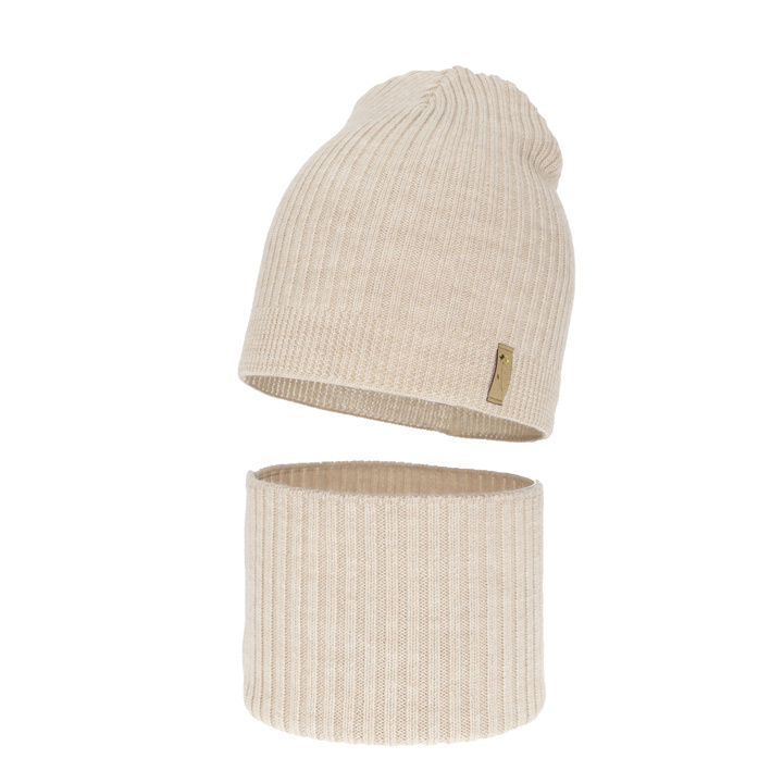 Meisjes herfst/lente set muts en buissjaal, beige, 100% Merino Wol, Chelsie