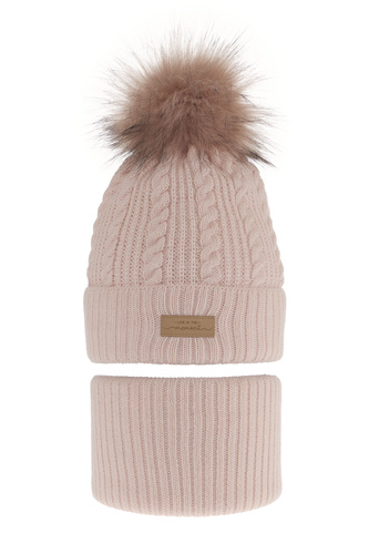 Meisjes winter set muts en buissjaal, roze, met garen pompon, Alika