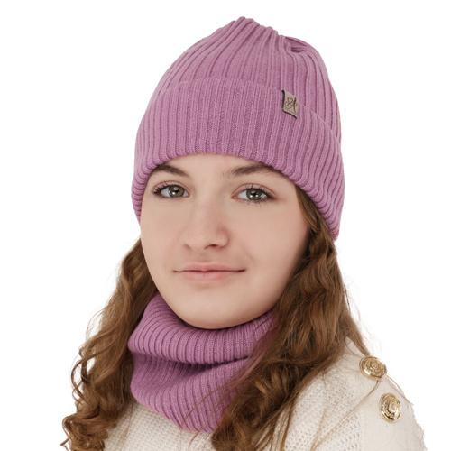 Meisjes winter set muts en buissjaal, paars, 100% Merino Wol, Patricia