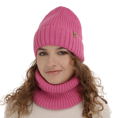 Meisjes winter set muts en buissjaal, roze, met merinowol, Mesalia