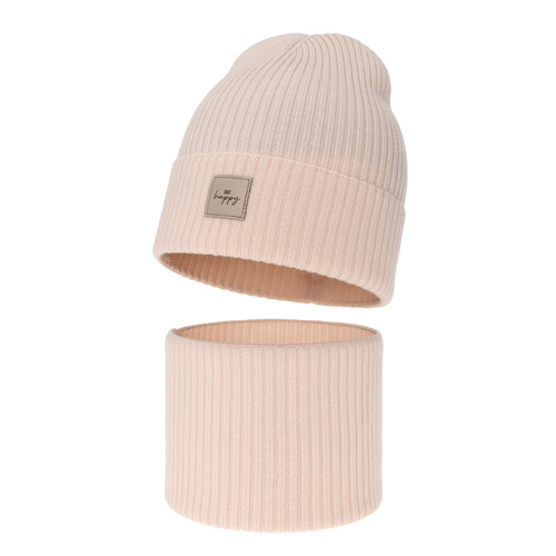 Meisjes herfst/lente set muts en buissjaal, lichtroze, 100% Merino Wol, Vanita