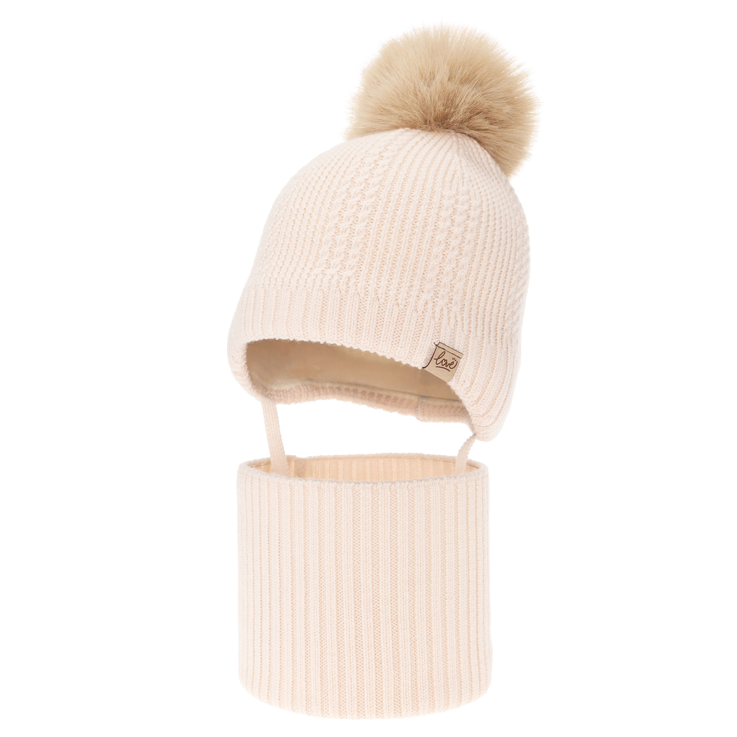 Tyttöjen talvisetti (pipo ja putkihuivi), vaaleanpunainen, 100% Merinovilla, villafleecevarusteiset, nauhoilla Danielle