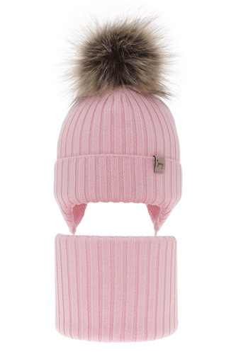 Meisjes winter set muts en buissjaal, roze, 100% Merino Wol, met bindkoorden, Junika