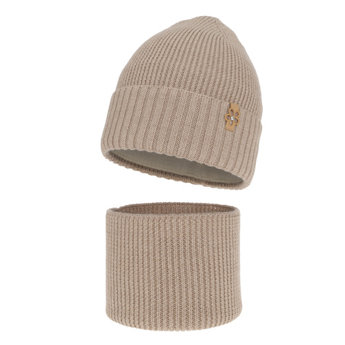 Meisjes winter set muts en buissjaal, beige, 100% Merino Wol, Nelita