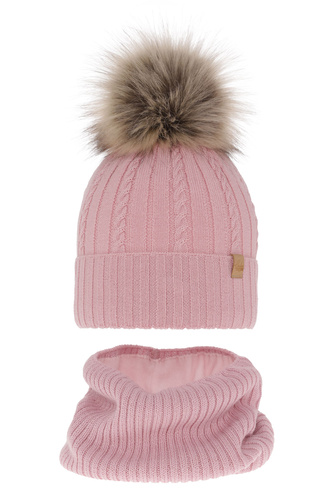 Meisjes winter set muts en buissjaal, roze, met merinowol, Mirabel
