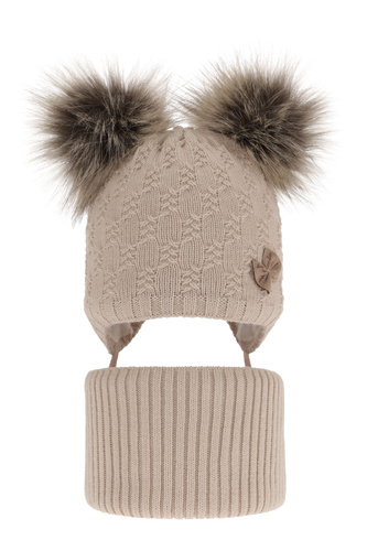 Meisjes winter set muts en buissjaal, beige, met twee pompons garen, met bindkoorden, Bettina