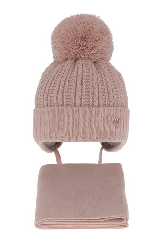 Meisjes winter set muts en sjaal, roze, met bindkoorden, met garen pompon, Marisa