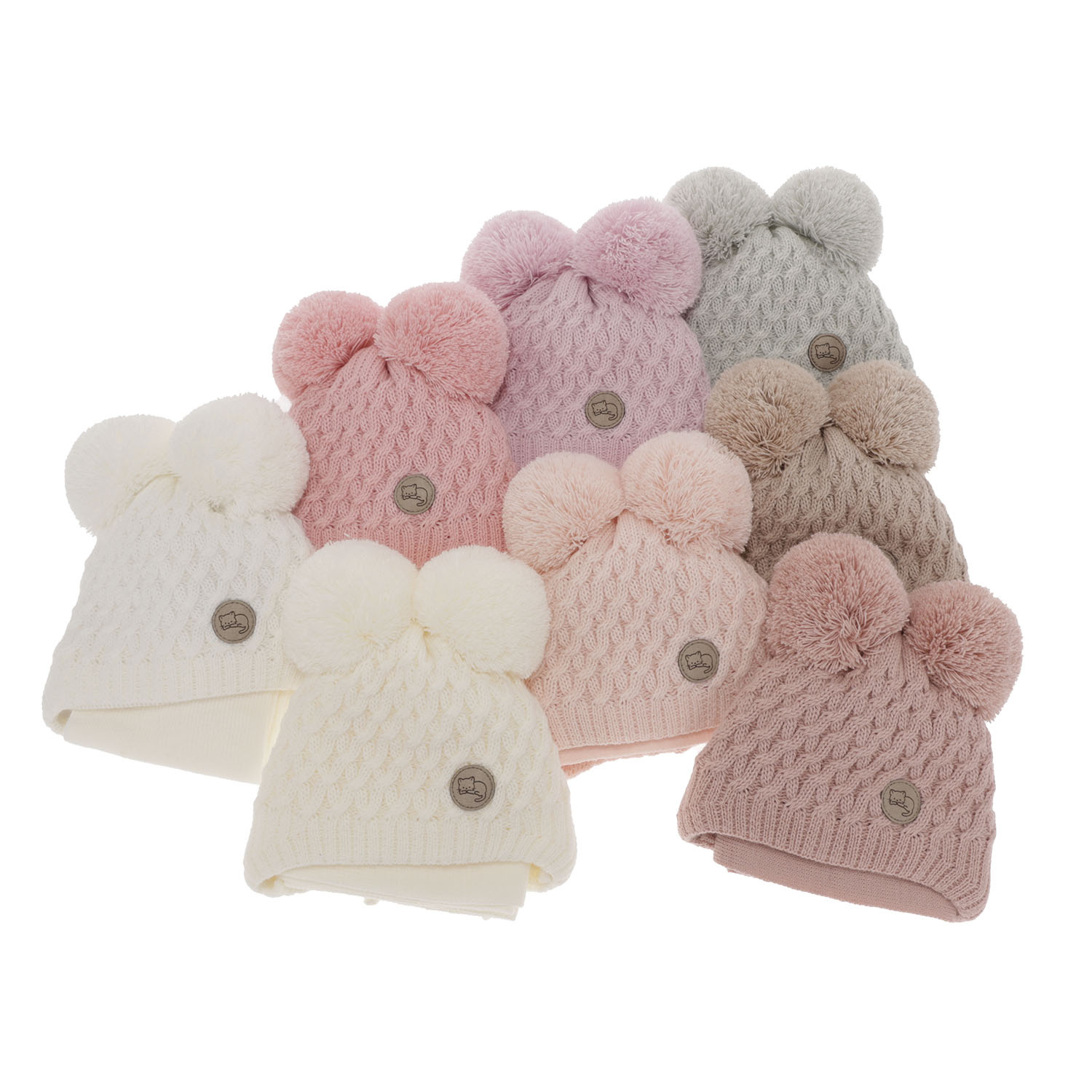 Meisjes winter set muts en sjaal, lila, met twee pompons garen, met bindkoorden, Anava