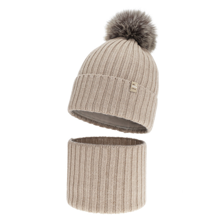 Tyttöjen talvisetti: pipo ja putkihuivi, talvi, beige, 100% merinovilla, puuvillavuorilla, tupsulla, Terida