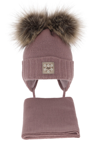 Meisjes winter set muts en sjaal, wrzosowy, met twee pompons garen, met bindkoorden, Jazz