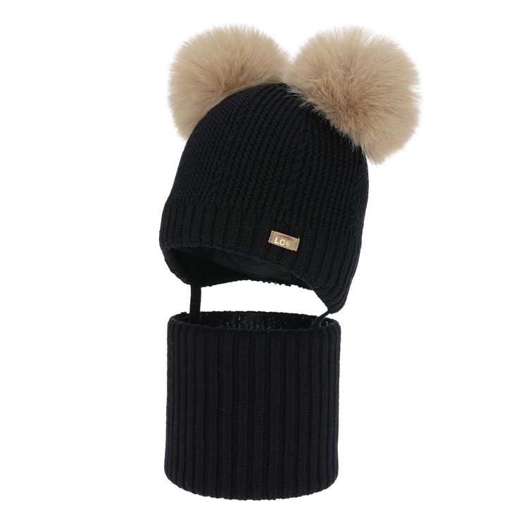 Tyttöjen pipo ja kauluri, talvi setti, musta, 100% merinovillaa, vuorattu villafleeceellä, Lumia