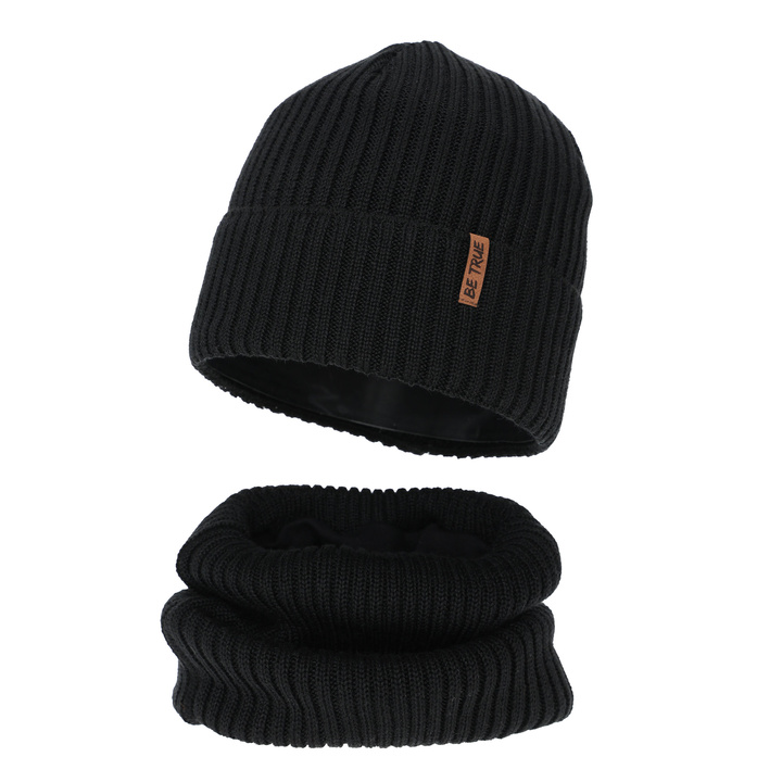 Poikien talvisetti (pipo ja putkihuivi), musta, Merinovillalla, Colton