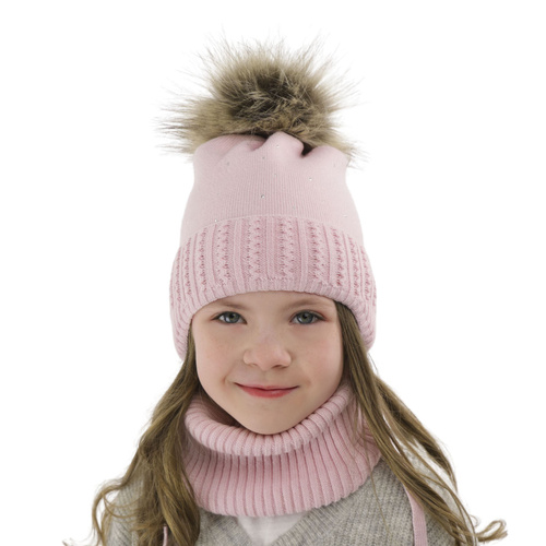Meisjes winter set muts en buissjaal, lila, met garen pompon, Renia