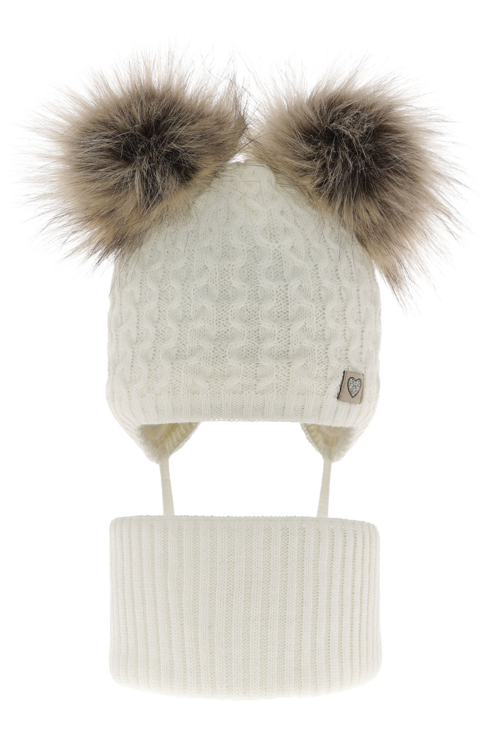 Meisjes winter set muts en buissjaal, kremowy, met twee pompons garen, met bindkoorden, Poliana