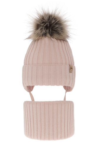 Meisjes winter set muts en buissjaal, beige, met garen pompon, Louisa