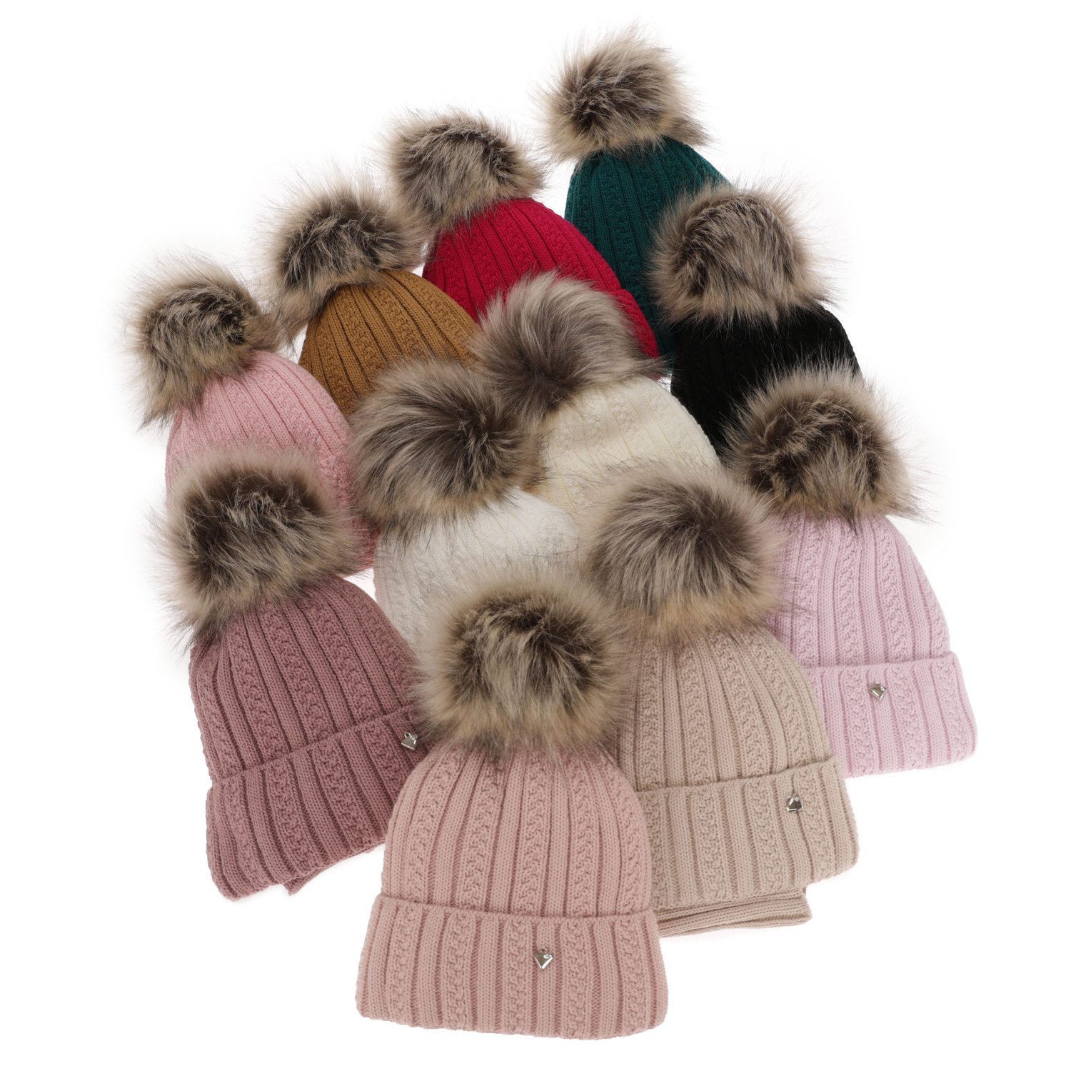 Meisjes winter set, beige, met garen pompon, Wirginia