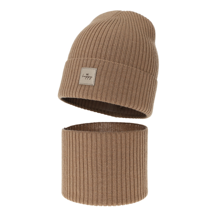 Meisjes herfst/lente set muts en buissjaal, camel, 100% Merino Wol, Vanita