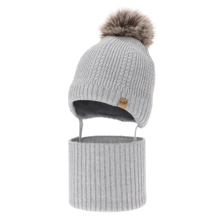 Poikien pipo ja kauluri, talvi setti, harmaa, 100% merinovillaa, vuorattu villafleeceellä, sidottava Danny