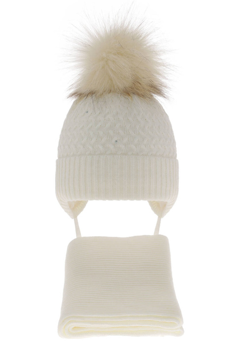 Meisjes winter set muts en sjaal, kremi, met garen pompon, met bindkoorden, Zelta