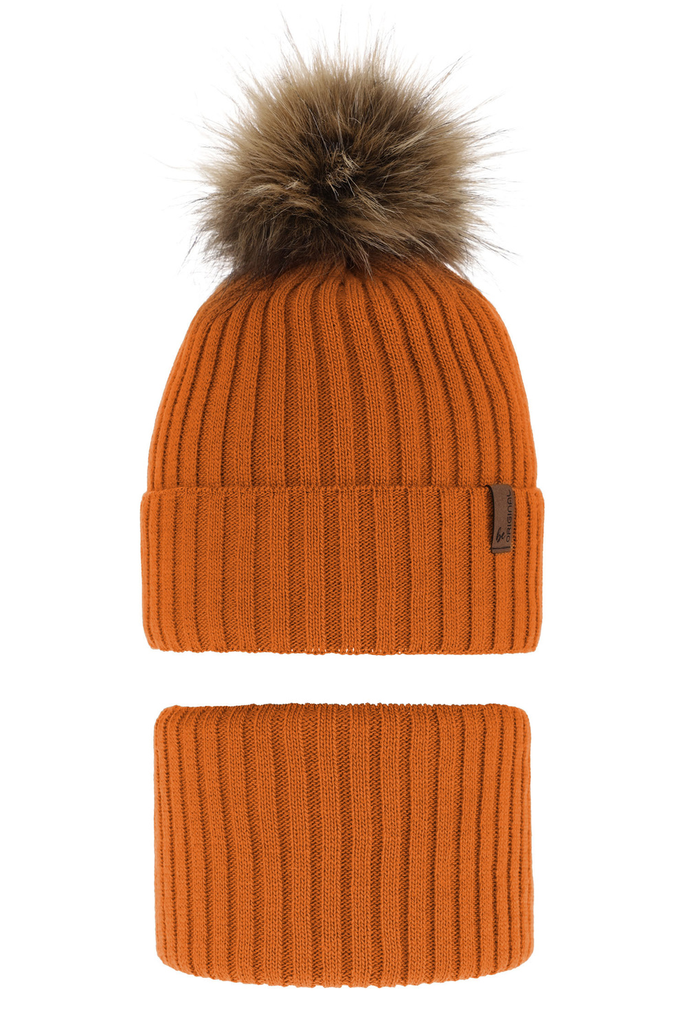 Jongens winter set muts en buissjaal, oranje, met garen pompon, Onyks