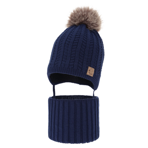 Jongens winter set muts en buissjaal, blauw, met garen pompon, Endo