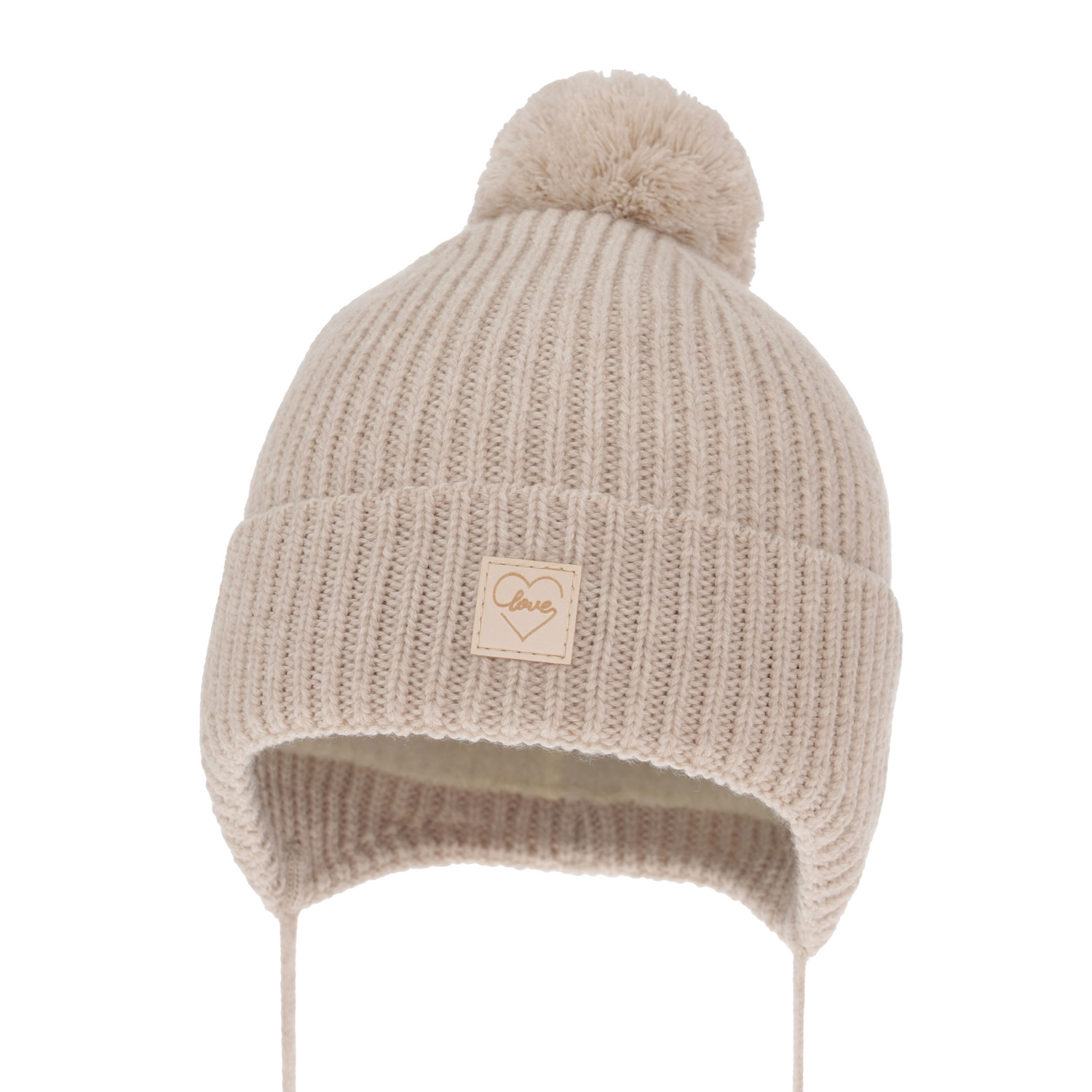 Meisjes wintermuts, beige, met merinowol, gevoerd met wolvilt, met garen pompon, met bindkoorden, Hakkari