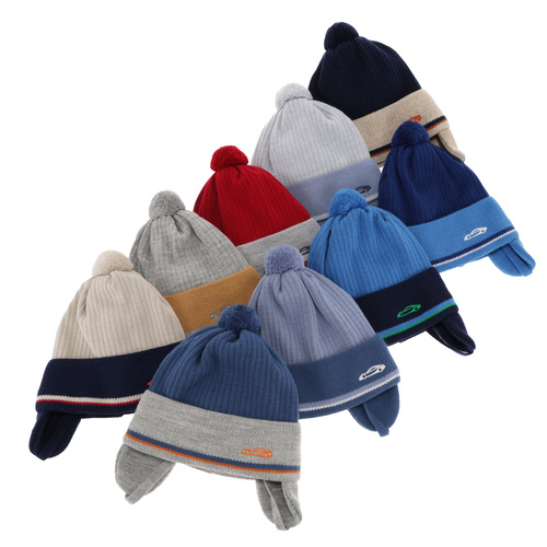 Jongens herfst/lente muts, blauw, met bindkoorden, met garen pompon, Jacob