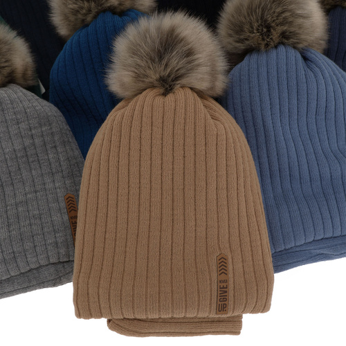 Jongens winter set muts en buissjaal, blauw, met garen pompon, gevoerd met katoen, Kalen