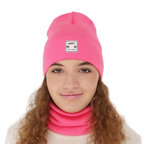 Meisjes herfst/lente set muts en buissjaal, puuvillalla, roze, Mersila