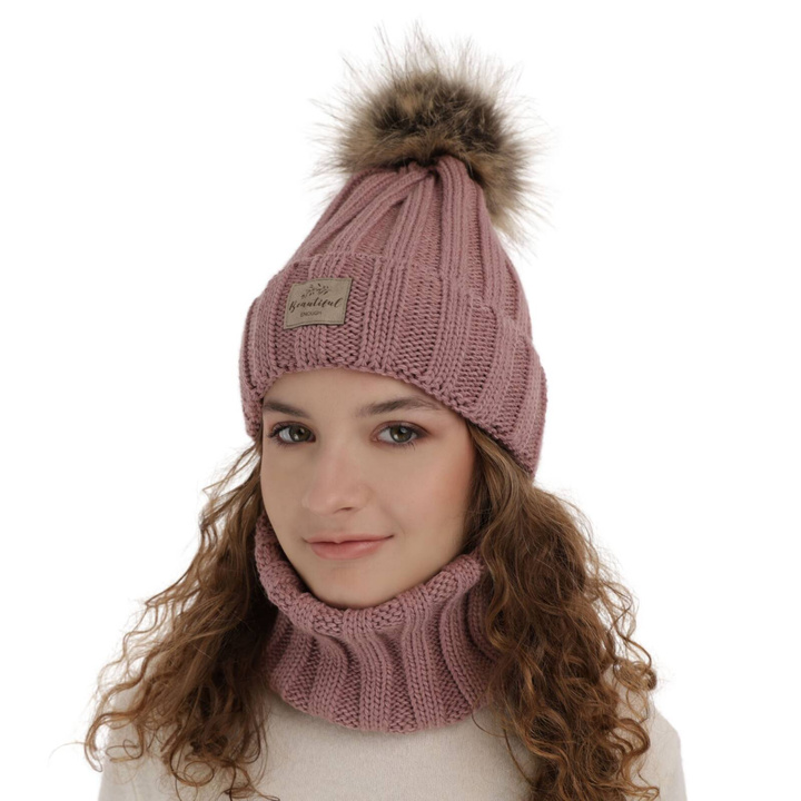 Meisjes winter set muts en buissjaal, amarant, met garen pompon, Kaliope