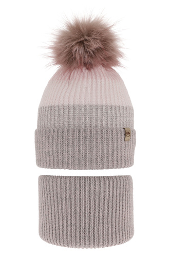 Meisjes winter set muts en buissjaal, grijs, met garen pompon, Gimena