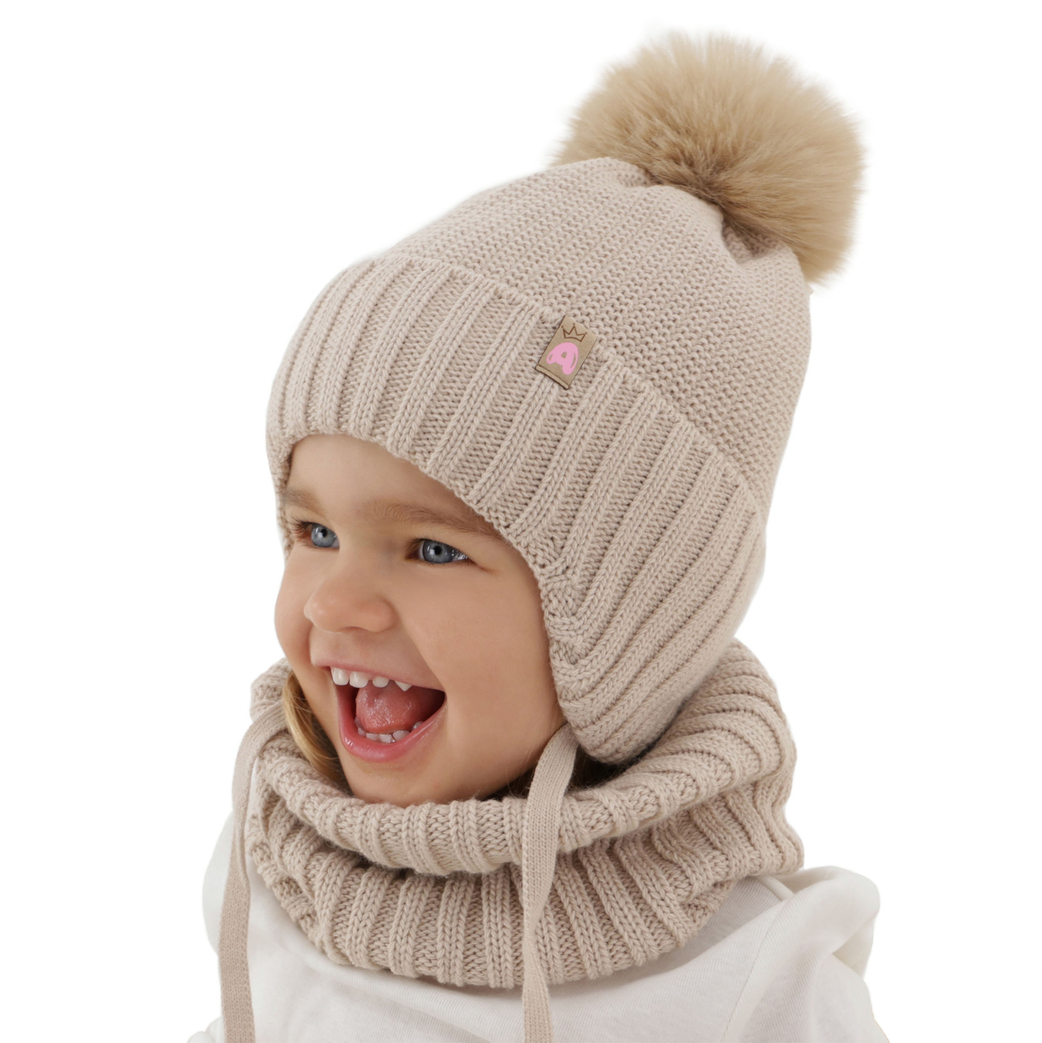 Meisjes winter set muts en buissjaal, roze, met garen pompon, Kaya
