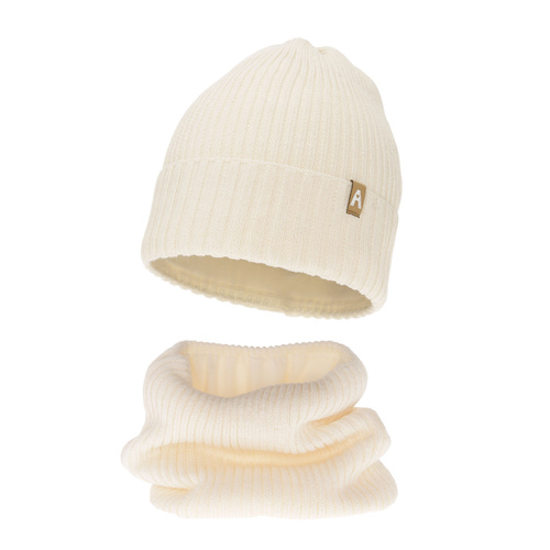 Meisjes winter set muts en buissjaal, kremowy, met merinowol, gevoerd met fleece, Peggy