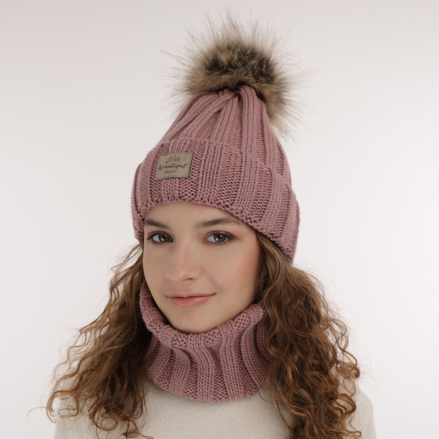 Meisjes winter set, roze, met garen pompon, Kaliope