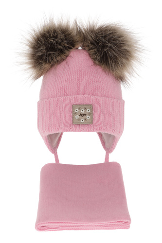 Meisjes winter set muts en sjaal, roze, met twee pompons garen, met bindkoorden, Jazz