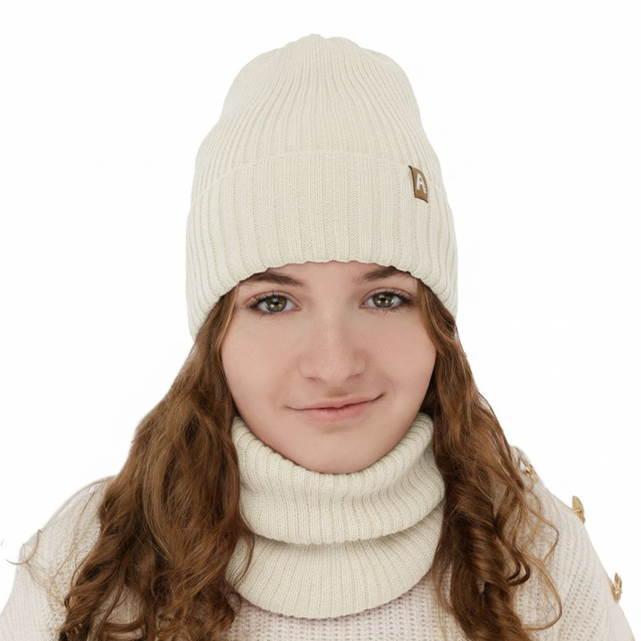 Meisjes winter set muts en buissjaal, kremowy, met merinowol, gevoerd met fleece, Peggy