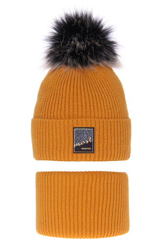Meisjes winter set muts en buissjaal, honing, met garen pompon, Sycylia