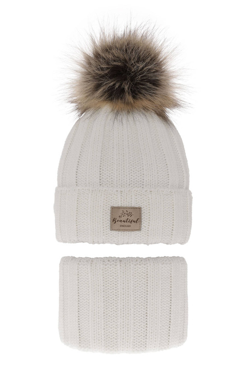 Meisjes winter set, wit, met garen pompon, Kaliope