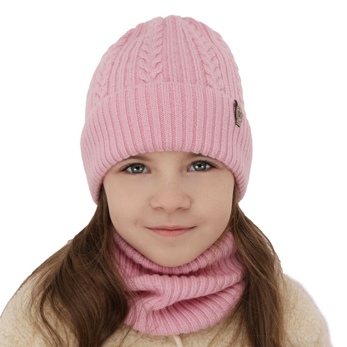 Meisjes winter set muts en buissjaal, roze, 100% Merino Wol, Jenny