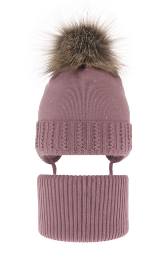 Meisjes winter set muts en buissjaal, Wrzosowy, Met bindkoorden, Met garen pompon, Renia