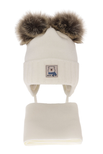 Jongens winter set, kremowy, met twee pompons garen, met bindkoorden, Jewel