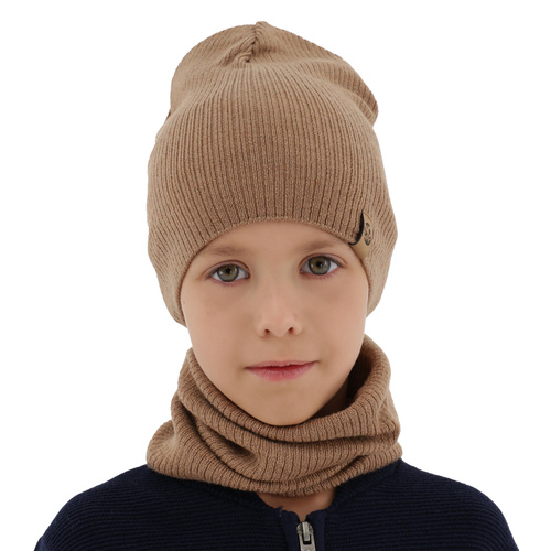 Jongens herfst/lente set muts en buissjaal, camel, 100% Merino Wol, Richi
