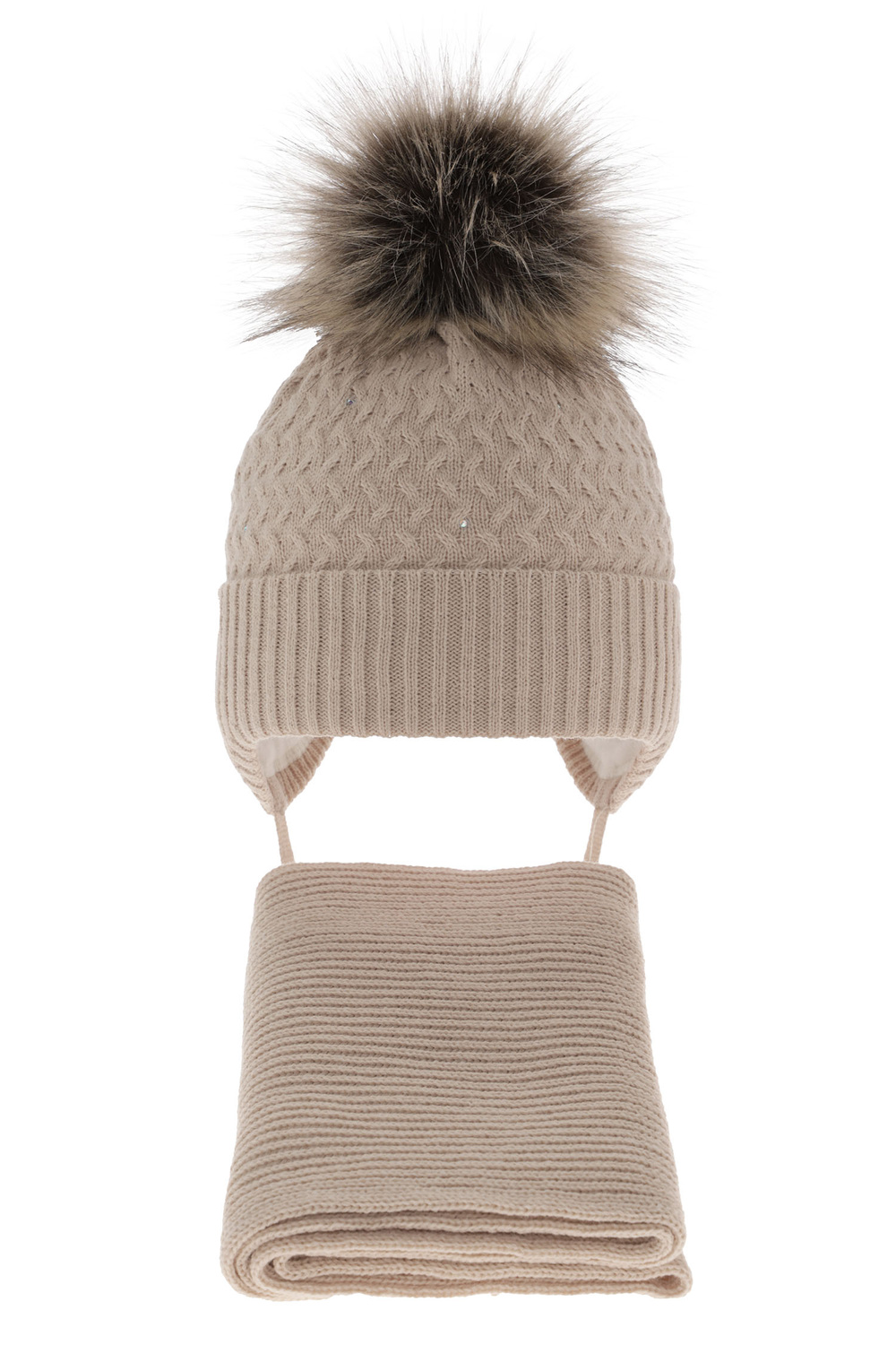 Meisjes winter set muts en sjaal, beige, met garen pompon, met bindkoorden, Zelta