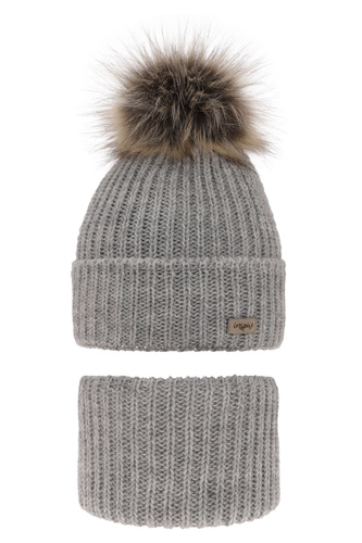 Meisjes winter set, grijs, met garen pompon, Willow