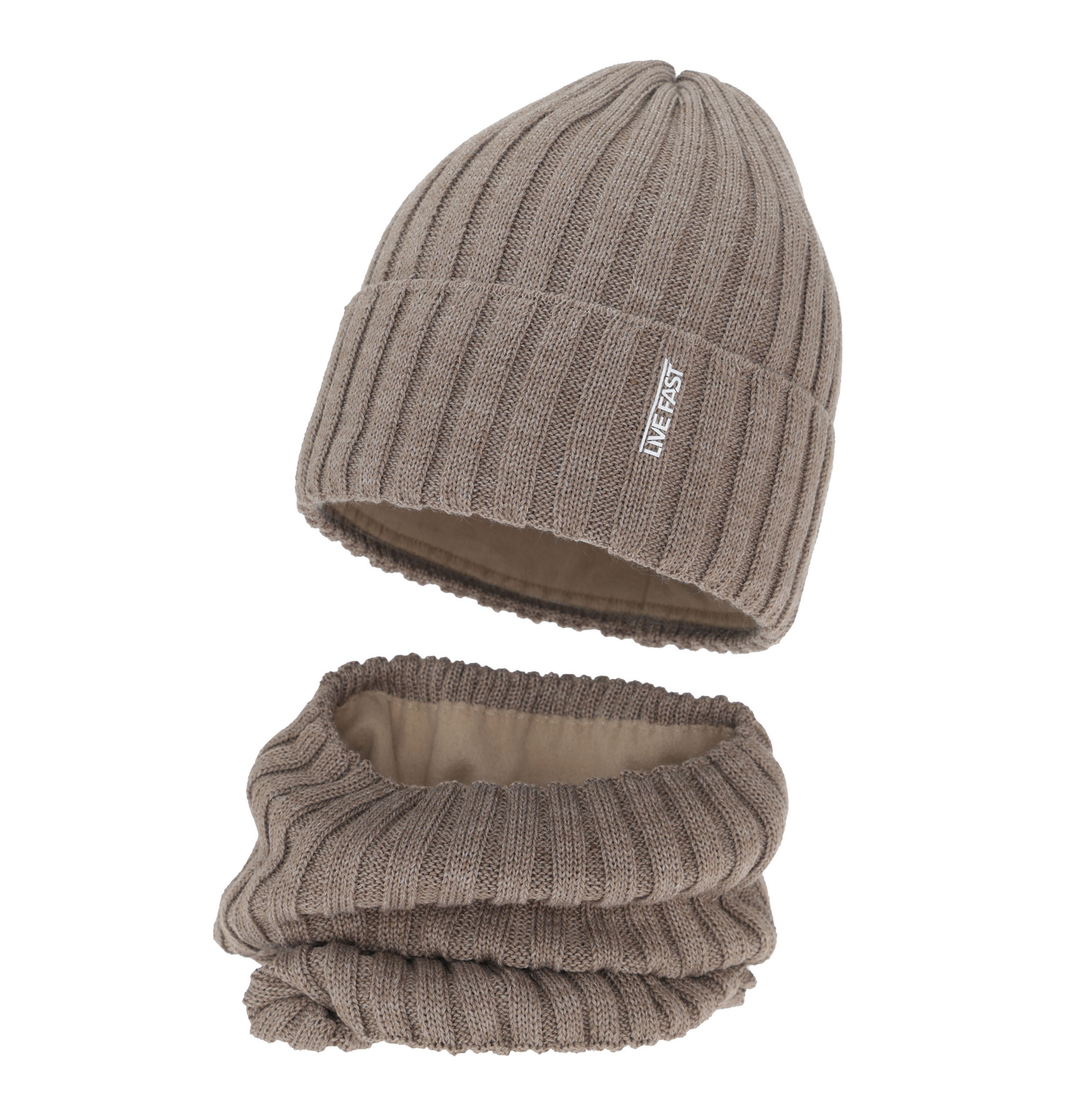 Poikien talvisetti: pipo ja putkihuivi, talvi, beżowy, merinovillalla, podszyty polarem, Banasko