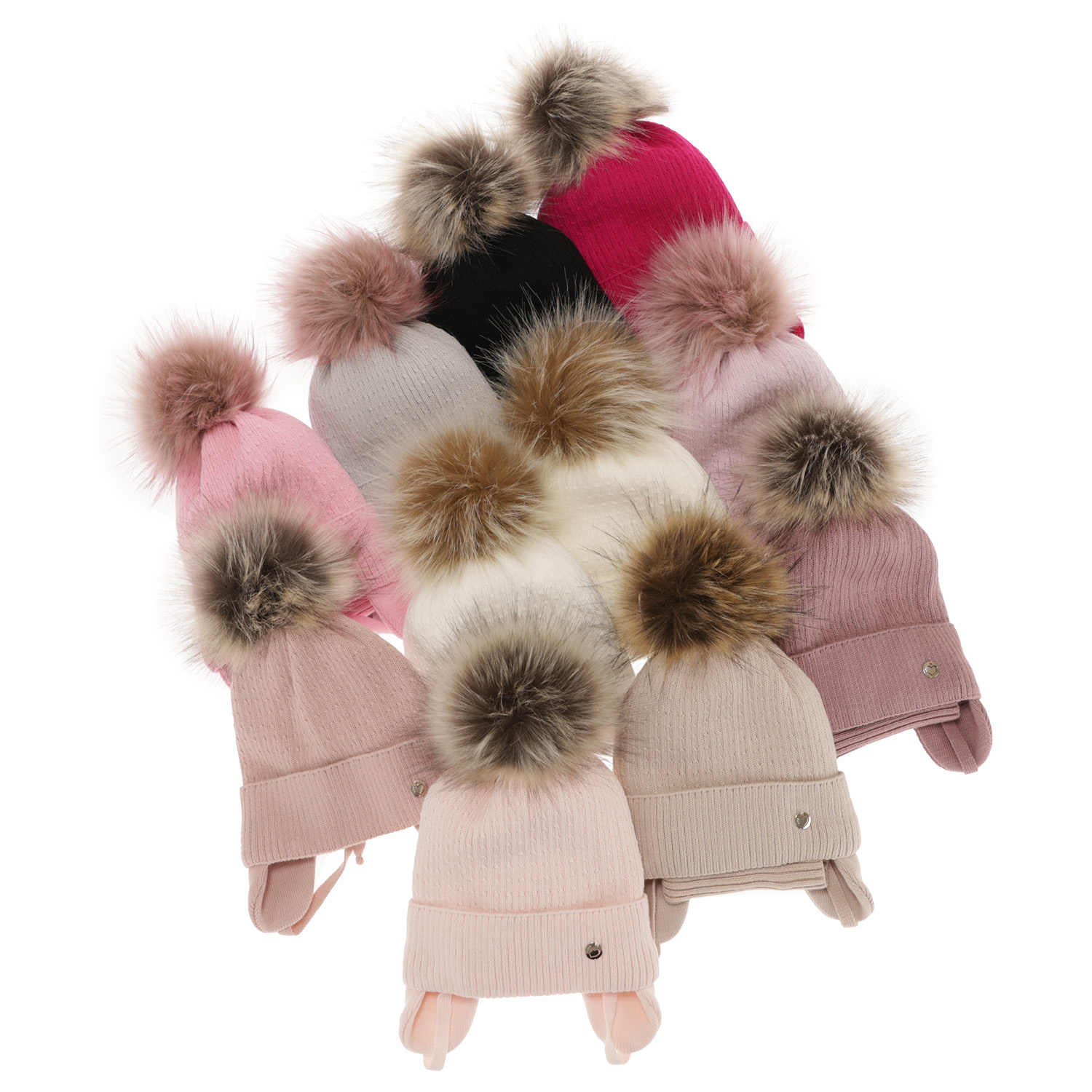 Meisjes winter set muts en buissjaal, roze, met bindkoorden, met garen pompon, Debra